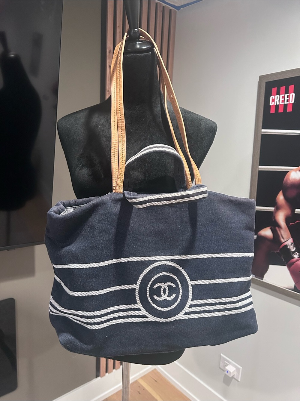CHANEL Navy Blue and White Canvas Tote with Tan Leather Handles